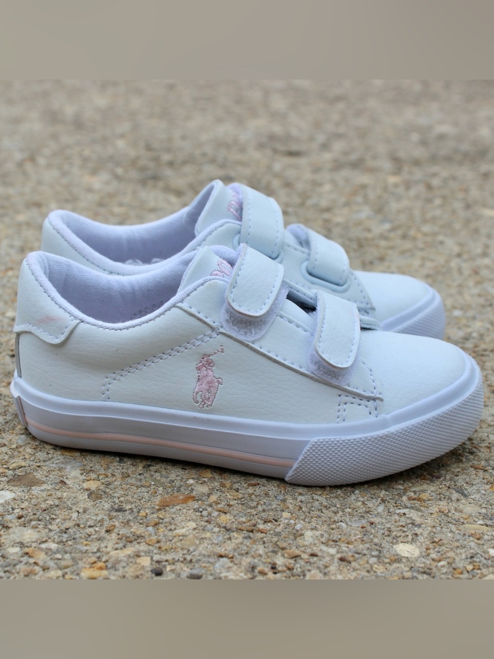 Polo by Ralph Lauren White Kids Sneakers with Pink Logo Velcro Straps